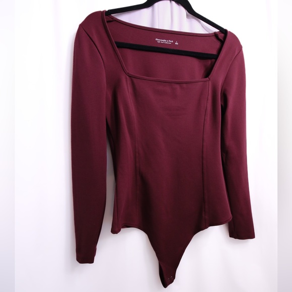 Abercrombie & Fitch Long-Sleeve Ponte Squareneck Seamed Bodysuit Burgundy W Lg - Picture 4 of 11